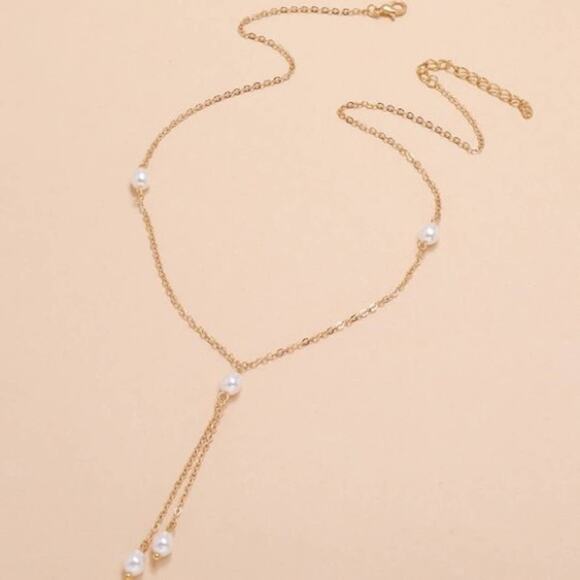 2/$24 NEW Boho Festival Gold Layered Pearl Dangle Chain Necklace Dainty 113 - Picture 3 of 7
